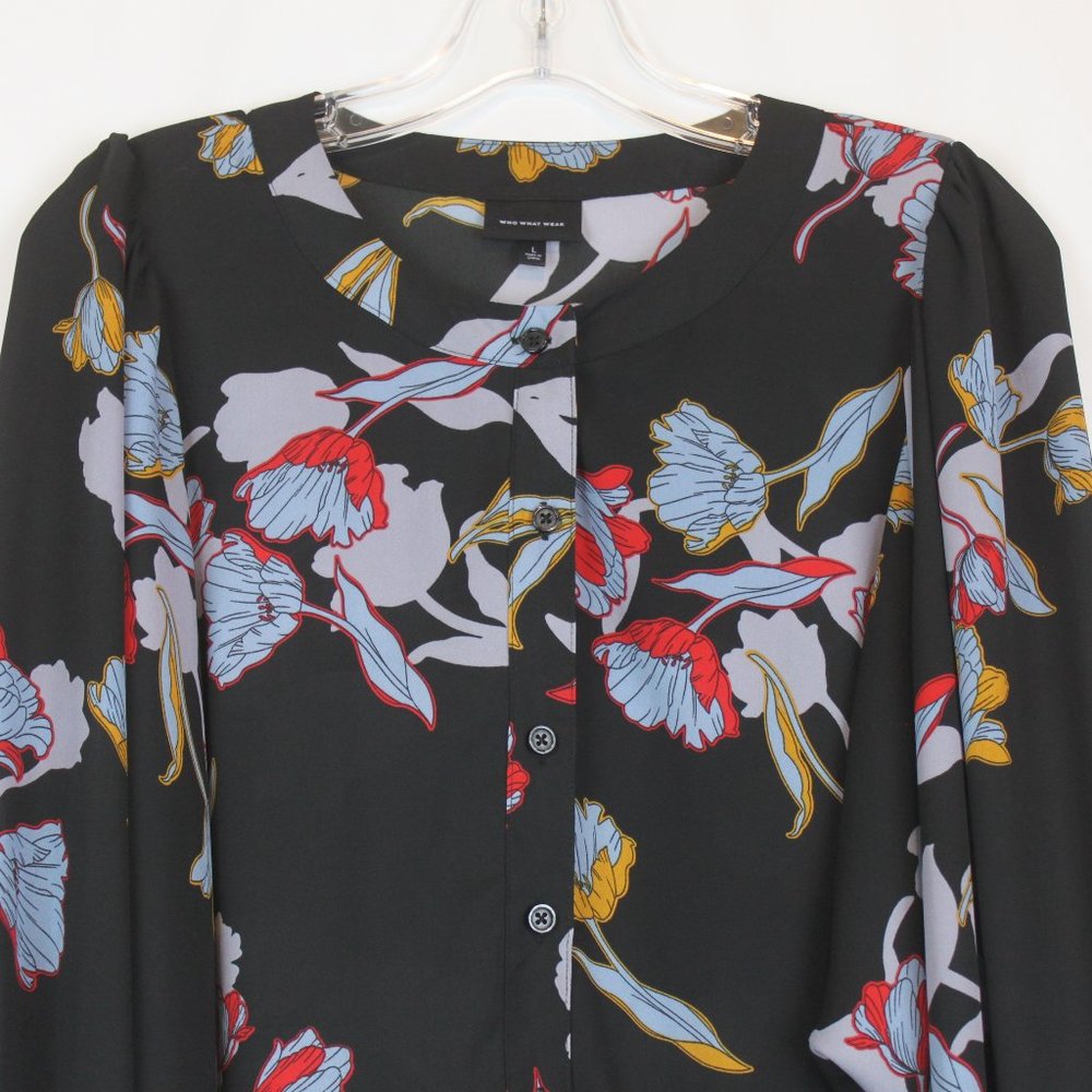 Who What Wear Large Black Floral Sheer Button Down Long Sleeve Blouse - Picture 3 of 12
